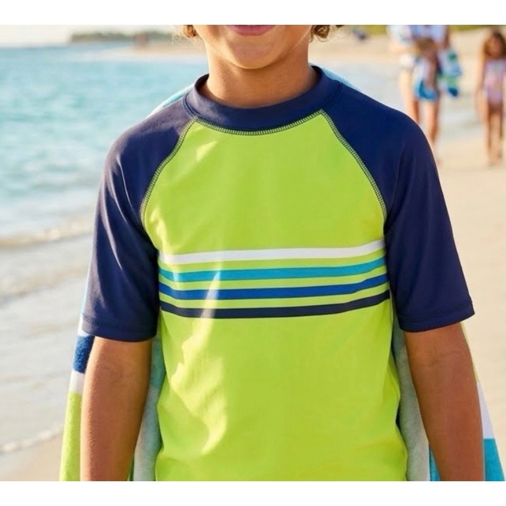 Cat &‎ Jack Lime Green & Navy Short Sleeve Boys Swim Rashguard Sz-S(6/7)   GG7